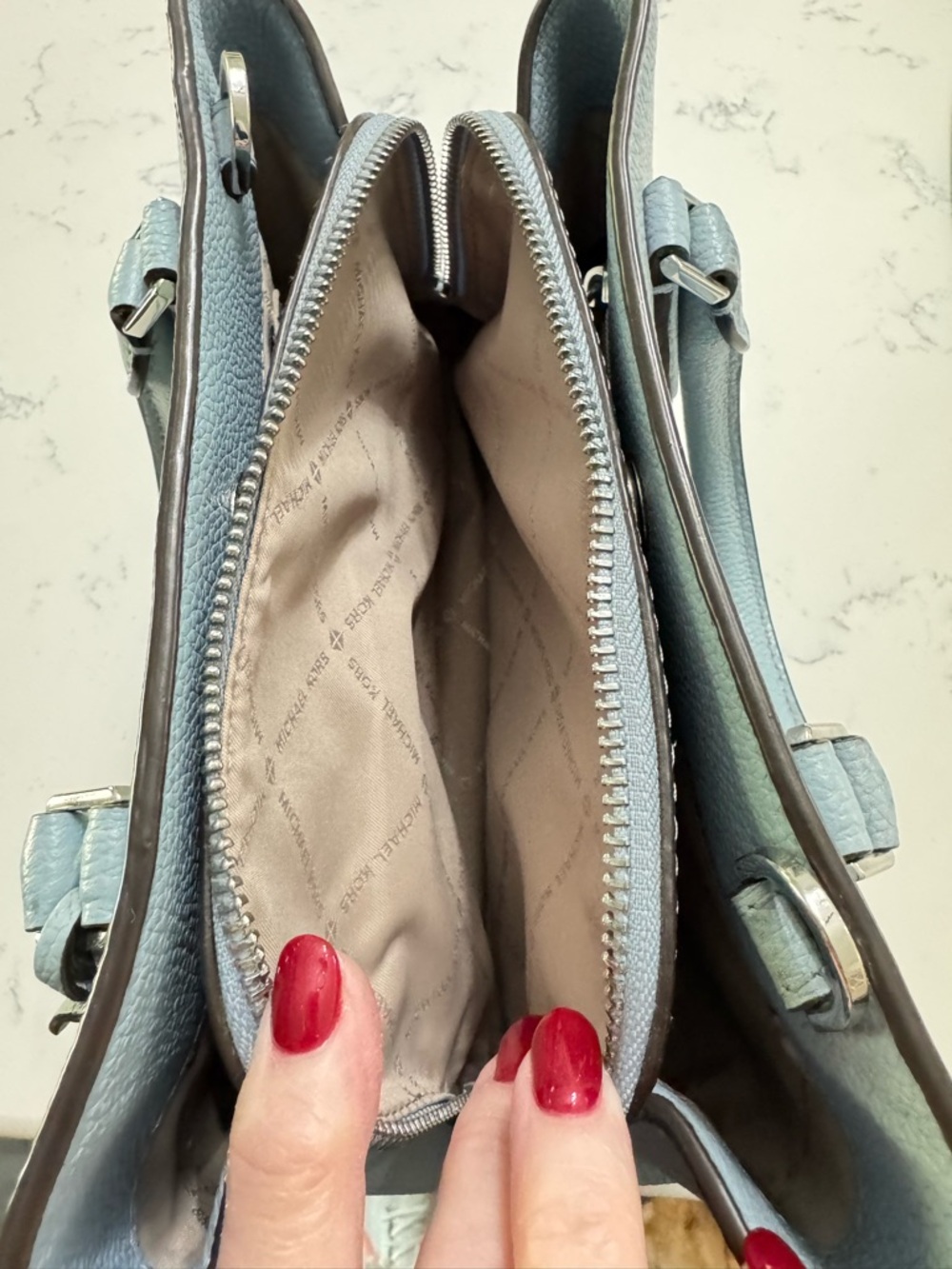 MICHAEL KORS Medium Pebbled Saffiano Leather Satchel in Light Blue - Picture 7 of 11